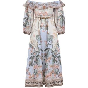 Zimmermann, Kleedjes, Dames, Veelkleurig, M, Linnen, Wylie Off-Shoulder Midi Jurk