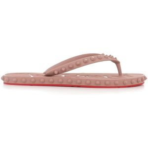 Christian Louboutin, Schoenen, Dames, Beige, 38 EU, Studded Nude Flip-flop Sandalen