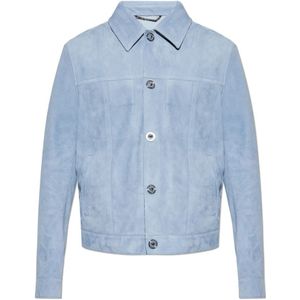 Versace, Jassen, Heren, Blauw, M, Leer, Leren jas