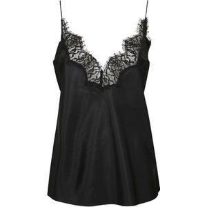 Róhe, Tops, Dames, Zwart, M, Zijden en kanten hemdje met sierbandjes