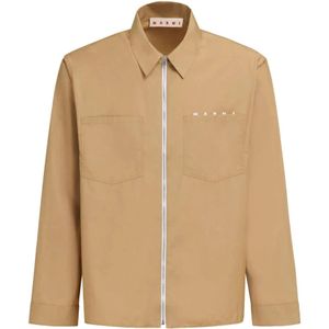 Marni, Overhemden, Heren, Beige, 2Xl, Katoen, Beige Logo Print Zip Shirt