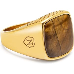 Nialaya, Accessoires, Heren, Geel, 58 MM, Gouden Signetring met Bruin Tijgeroog