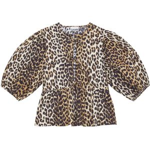 Ganni, Blouses & Shirts, Dames, Bruin, XS, Katoen, Bruine Luipaard Sweatshirt met Strik Sluiting