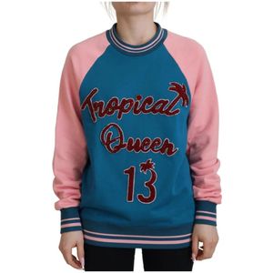 Dolce & Gabbana, Sweatshirts & Hoodies, Dames, Blauw, 3Xs, Pailletten, Pailletten Tropical Queen Crewneck Sweater