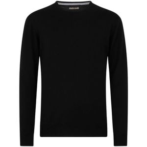 Roberto Cavalli, Truien, Heren, Zwart, XL, Wol, Wollen Crew-Neck Sweater