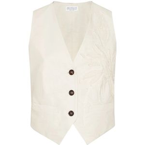 Brunello Cucinelli, Jassen, Dames, Wit, XS, Katoen, Witte V-hals Mouwloos Vest