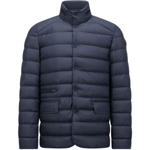 Moncler, Jassen, Heren, Blauw, M, Polyester, Lederen Afgewerkte Donsjas