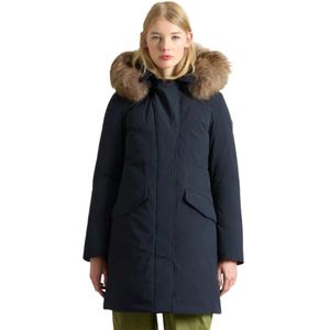 Woolrich, Mantels, Dames, Blauw, L, Nylon, Moderne Parka met Afneembare Capuchon
