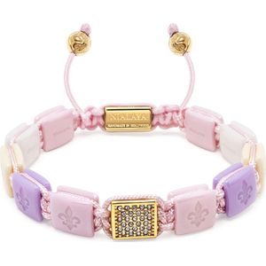 Nialaya, Accessoires, Dames, Geel, L, Nylon, Witte, Crème, Zachtroze & Lavendel Keramische Flatbead Armband met Gouden CZ