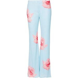 Kenzo, Broeken, Dames, Veelkleurig, S, Blauwe Flared Broek met Rozenprint