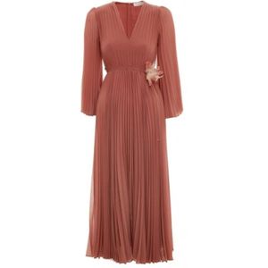 Zimmermann, Kleedjes, Dames, Bruin, L, Terracotta Midi Jurk met Zonnestralen Plooien en Uitlopende Mouwen