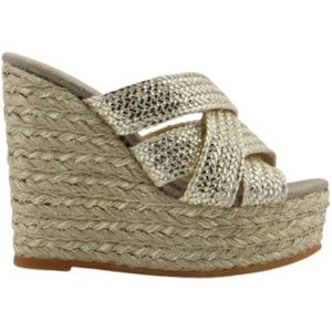 Espadrilles, Schoenen, Dames, Grijs, 37 EU, Leer, Geweven leren sleehak sandalen