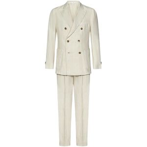 Boglioli, Pakken, Heren, Beige, M, Linnen, Beige Linnen Dubbel-Borstpak