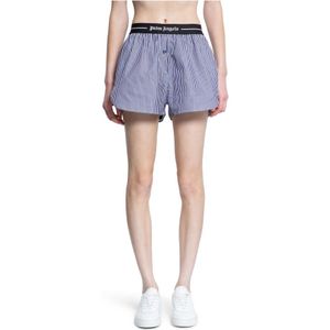 Palm Angels, Korte broeken, Dames, Blauw, S, Katoen, Gestreepte Logo Shorts in Marineblauw