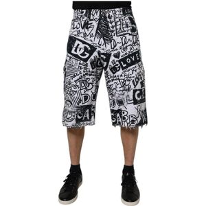 Dolce & Gabbana, Korte broeken, Heren, Zwart, M, Katoen, Witte Graffiti Katoenen Bermuda Denim Shorts