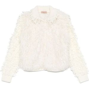 Twinset, Jassen, Dames, Wit, S, Wol, Fringe Snow Cardigan