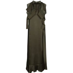Sacai, Kleedjes, Dames, Groen, M, Polyester, Groene Asymmetrische Ruche Jurk