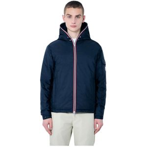 Moncler, Jassen, Heren, Blauw, M, Waterafstotende donsjas met capuchon en afwerking