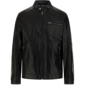 Guess, Jassen, Heren, Zwart, S, Leer, Leren Bikerjack met ritssluiting