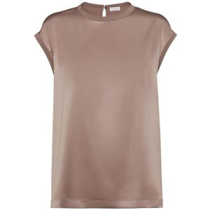 Brunello Cucinelli, Blouses & Shirts, Dames, Beige, M, Taupe Crew Neck Shirt Korte Mouwen