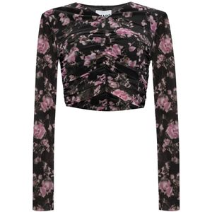 Ganni, Blouses & Shirts, Dames, Zwart, XS, Nylon, Floral Mesh Long Sleeve Shirt