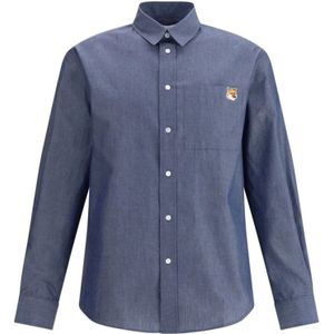 Maison Kitsuné, Overhemden, Heren, Blauw, S, Katoen, Iconische Fox Katoenen Overhemd