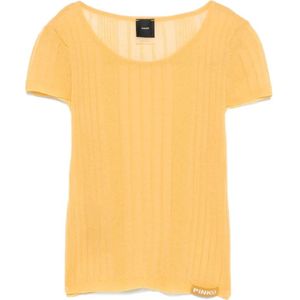 Pinko, Tops, Dames, Geel, S, Geel Logo Tag Crew Neck T-shirts