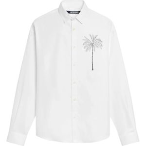 Jacquemus, Overhemden, Heren, Wit, M, Witte Grafische Print Knoopshirt