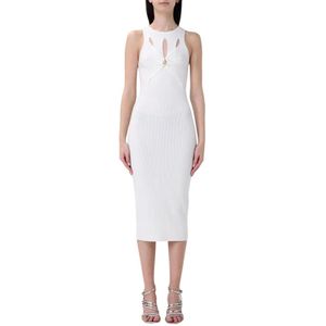 Elisabetta Franchi, Kleedjes, Dames, Wit, M, Elegante Ribgebreide Midi-jurk