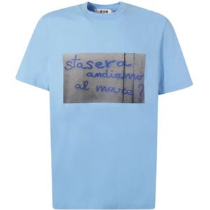 Msgm, Tops, Heren, Blauw, M, Katoen, Blauw Crew Neck T-shirt met Zin