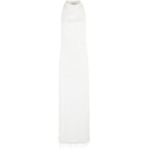 Rotate Birger Christensen, Kleedjes, Dames, Wit, S, Polyester, Egret Mesh Sequin Fringe Halternek Jurk