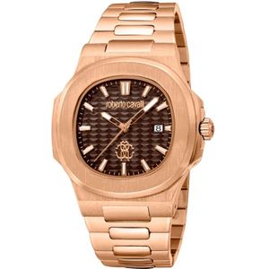 Roberto Cavalli, Accessoires, Heren, Geel, ONE Size, Heren Roestvrij Stalen Analoge Datum Horloge