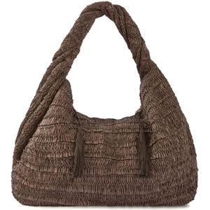 P.a.r.o.s.h., Tassen, Dames, Bruin, ONE Size, Bruine Raffia Schoudertas met Kwastjes