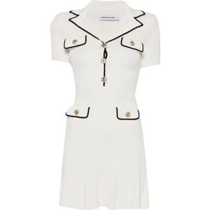 Self Portrait, Kleedjes, Dames, Wit, M, Polyester, Witte Geribbelde Gebreide Jurk met V-hals