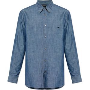 Emporio Armani, Overhemden, Heren, Blauw, L, Katoen, Shirt met Geborduurd Logo