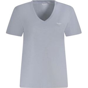 Pepe Jeans, Tops, Dames, Blauw, L, Katoen, Logo Print V-Hals Katoenen T-Shirt
