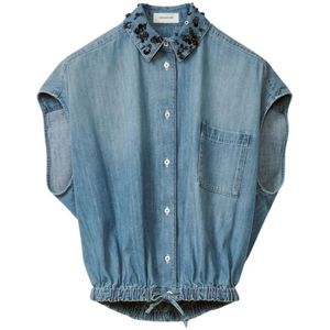 Fabiana Filippi, Blouses & Shirts, Dames, Blauw, XS, Denim, Denim Jumpsuit Met Versierde Kraag