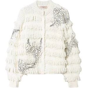 Twinset, Truien, Dames, Beige, M, Gebreid jasje met franjes en kant Art. 232Tp 3130
