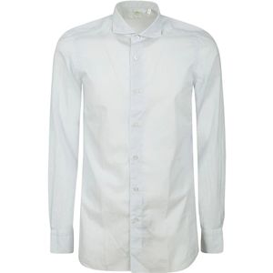 Finamore, Overhemden, Heren, Blauw, M, Katoen, Lange katoenen overhemd met kraag