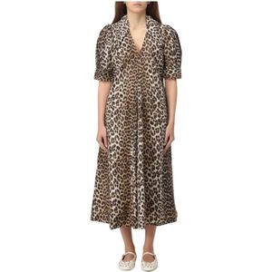 Ganni, Kleedjes, Dames, Veelkleurig, S, Katoen, Multicolor Luipaardprint Midi Jurk