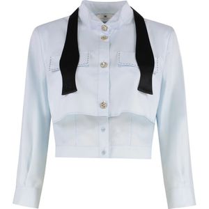 Elisabetta Franchi, Blouses & Shirts, Dames, Blauw, L, Katoen, Zijden Katoenen Poplin Shirt met Strik