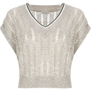 Brunello Cucinelli, Truien, Dames, Beige, S, Linnen, Linnen Schitterende Geribbelde Net Gebreide T-shirt