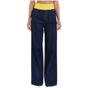 Msgm, Jeans, Dames, Blauw, L, Denim, Wijde Pijp Elastische Taille Denim Jeans