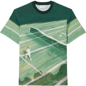 Lacoste, Tops, Heren, Veelkleurig, XS, Katoen, Tennisbaan Print T-shirt