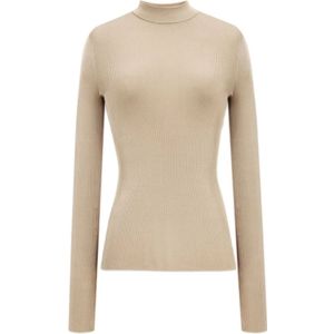 Saint Laurent, Truien, Dames, Beige, M, Zijden Top met Hoge Hals en Lange Mouwen