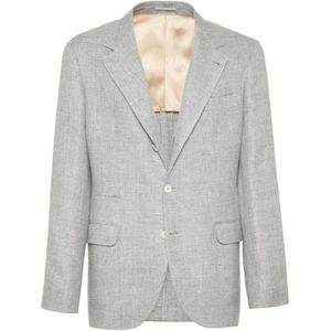Brunello Cucinelli, Jassen, Heren, Grijs, 2Xl, Linnen, Grijze Linnen Blend Jas met Revers