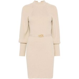 Twinset, Kleedjes, Dames, Beige, L, Geribbelde gebreide jurk met riem