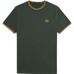 Fred Perry, Tops, Heren, Groen, M, Katoen, Groene Crew Neck T-shirt met Dubbele Streep
