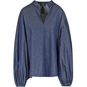 Dondup, Blouses & Shirts, Dames, Blauw, M, Denim, Denim V-hals blouse met ballonmouwen