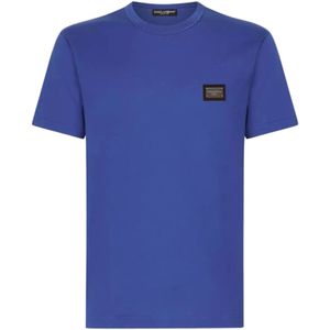 Dolce & Gabbana, Tops, Heren, Paars, L, Katoen, Paarse T-shirt met Metalen Logo Badge